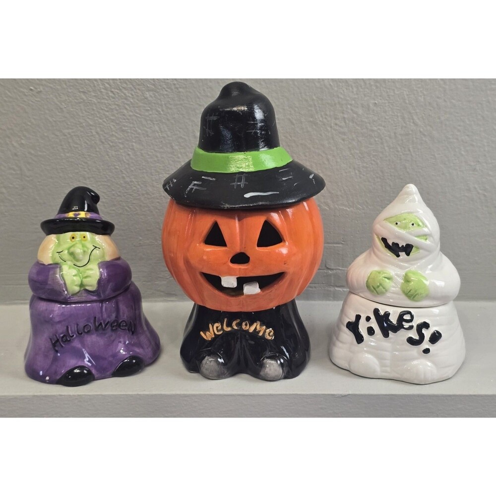 Halloween Ceramic Jar Lot Witch Jack-o'-Lantern Mummy Interchangeable Lids Vtg